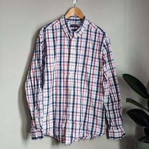 Red white and blue plaid button up shirt